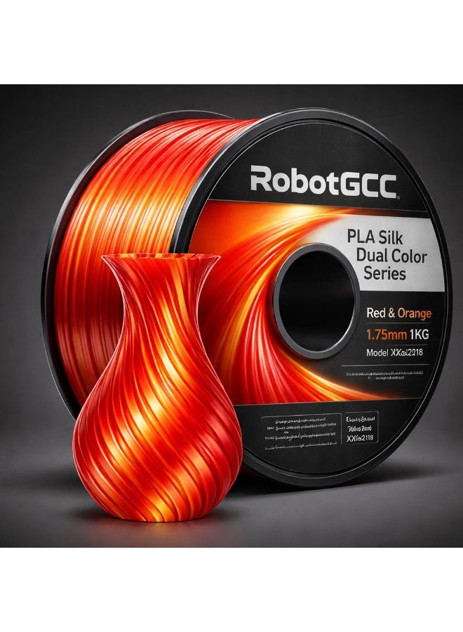 robotgcc PLA Silk Dual Color Red Orange 1.75mm 3D Printing Material 1KG Spool Glossy Gradient Filament Smooth Surface Easy Print Low Warping Strong Layer Adhesion Precision Diameter Stable Extrusion FDM Compatible for Decorative Models Prototyping DIY Projects - Image 2