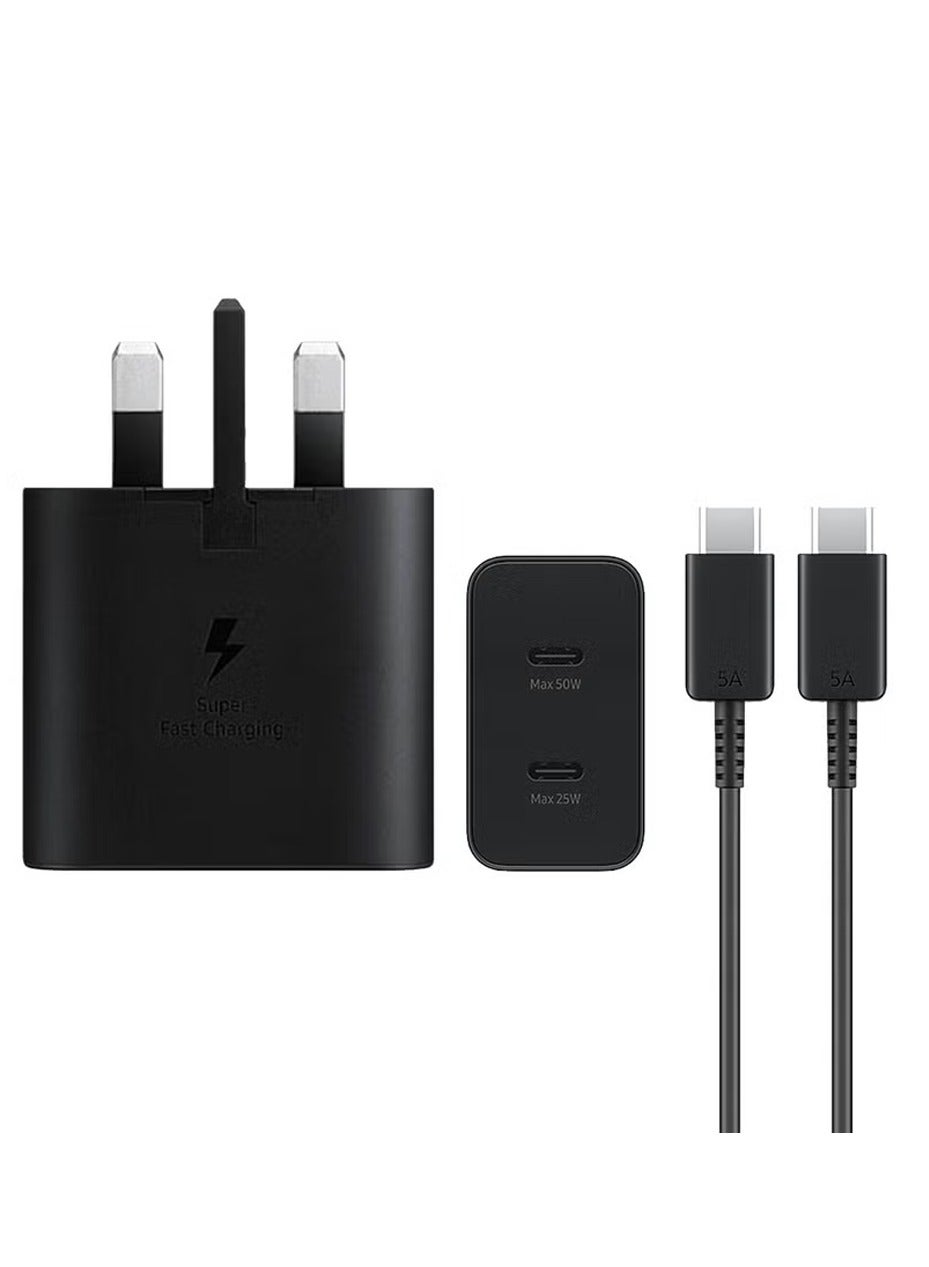 50W Duo Power Adapter with USB-C Cable 5A 1.8m Dual-Port Super Fast Charging 2.0 for Galaxy Phones, Tablets, USB Type C Devices, Low Standby Power Consumption - Black