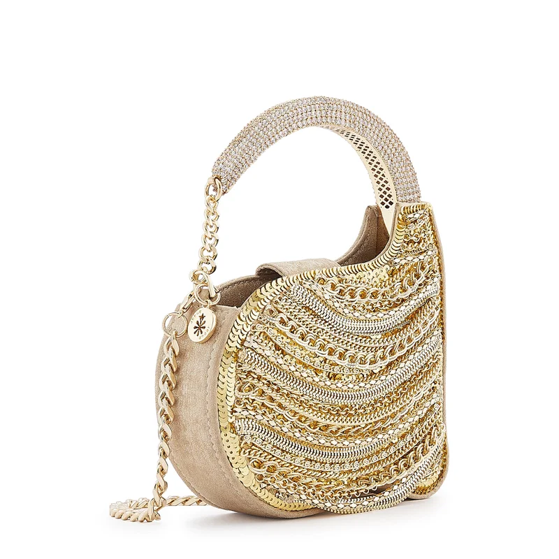 Anaar Anaar LEO ANNETTE Metallic Gold Chain Embellished Clutch Bag