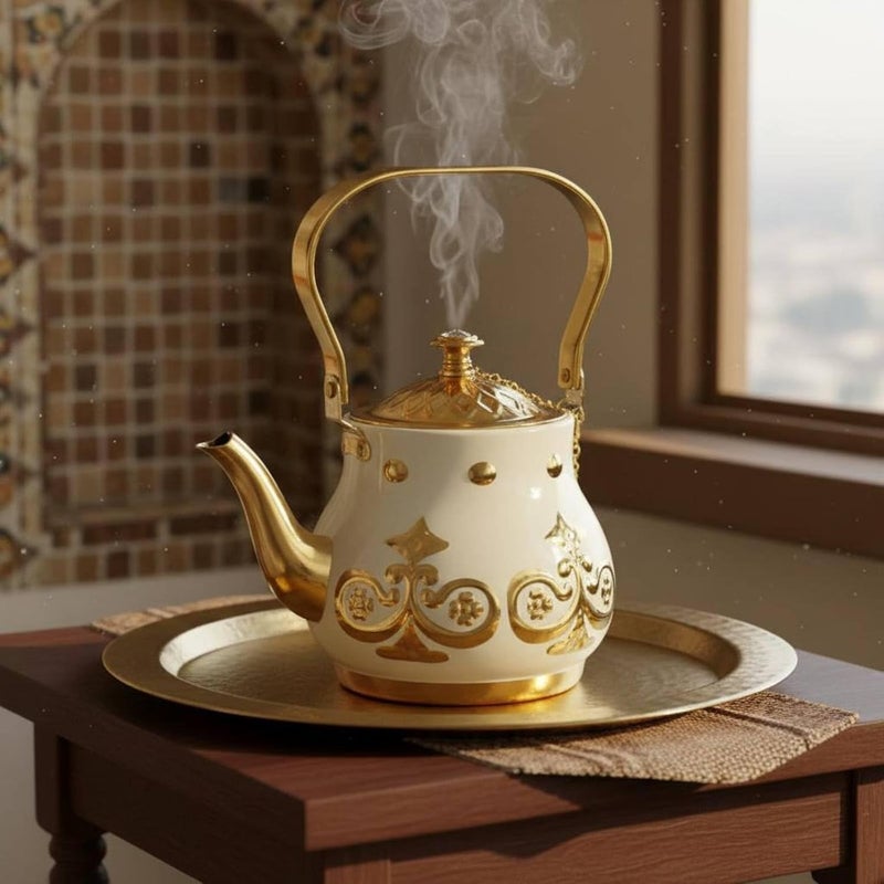 Turkish Golden Teapot Finish Arabic type Teapot Engraved Design Ornate Tea Kettle, Array, White And Golden, 1.1L-2L - Image 4