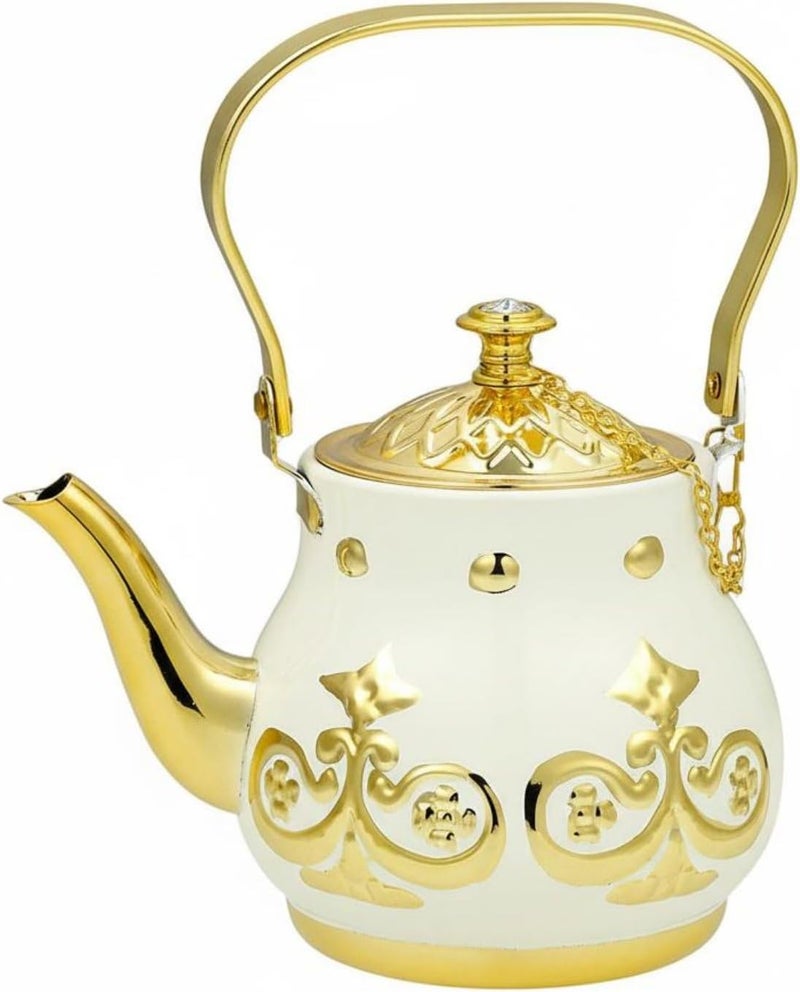 Turkish Golden Teapot Finish Arabic type Teapot Engraved Design Ornate Tea Kettle, Array, White And Golden, 1.1L-2L - Image 1