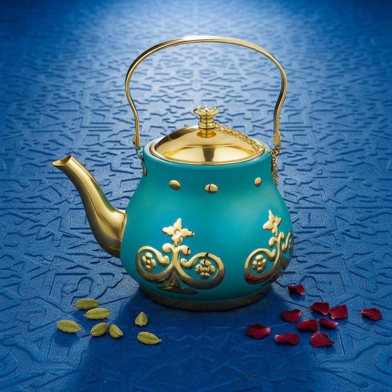 Turkish Golden Teapot Finish Arabic type Teapot Engraved Design Ornate Tea Kettle, Array, White And Golden, 1.1L-2L - Image 2