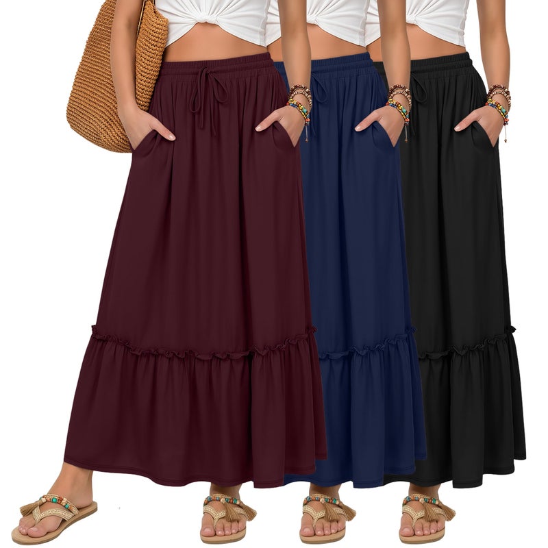 Ficerd 3 Pack Women's Boho Maxi Skirts, Long Tiered Skirt Flowy Ruffle High Waist Drawsting Casual Dress with Pockets(Black,Wine Red,Navy Blue,Large) - Image 1