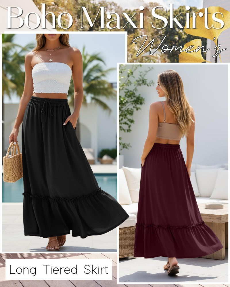 Ficerd 3 Pack Women's Boho Maxi Skirts, Long Tiered Skirt Flowy Ruffle High Waist Drawsting Casual Dress with Pockets(Black,Wine Red,Navy Blue,Large) - Image 2