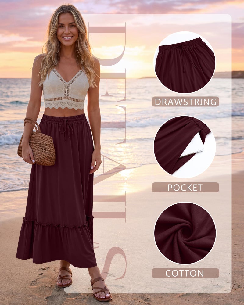 Ficerd 3 Pack Women's Boho Maxi Skirts, Long Tiered Skirt Flowy Ruffle High Waist Drawsting Casual Dress with Pockets(Black,Wine Red,Navy Blue,Large) - Image 5