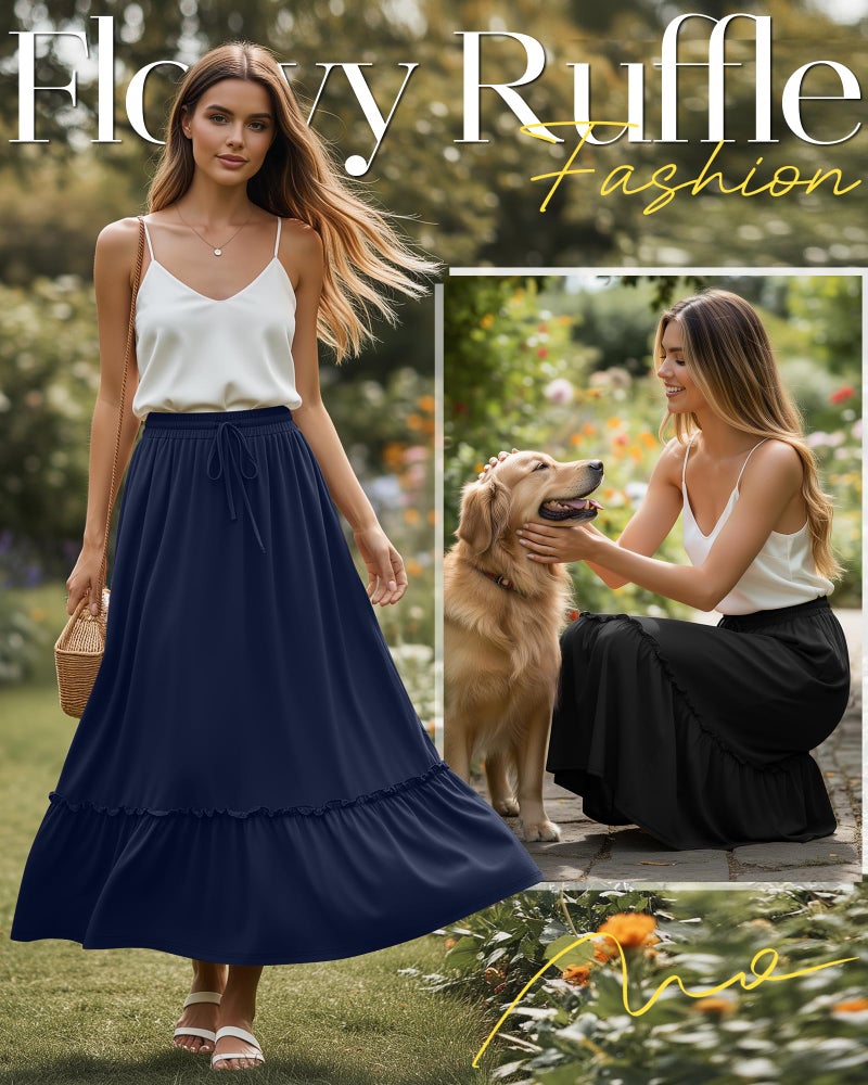 Ficerd 3 Pack Women's Boho Maxi Skirts, Long Tiered Skirt Flowy Ruffle High Waist Drawsting Casual Dress with Pockets(Black,Wine Red,Navy Blue,Large) - Image 4