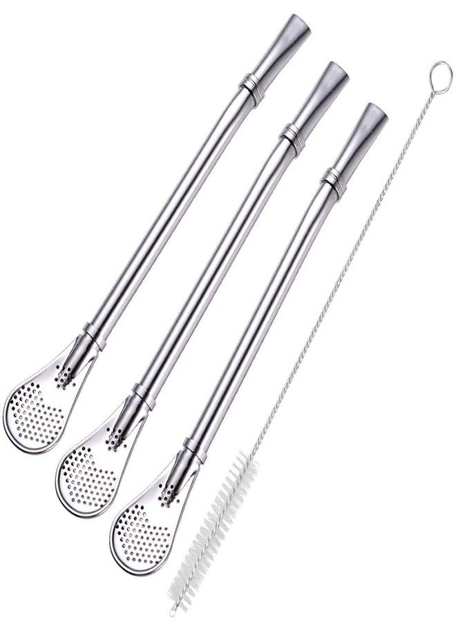 Datconect Yerba Mate Bombilla Gourd Drinking Filter Straws 304 Food-Grade Stainless Steel 6.1 inch Long Spoon Bombillas Straws for Mate Tea Set of 3 with Cleaning Brush (silver) - Image 1