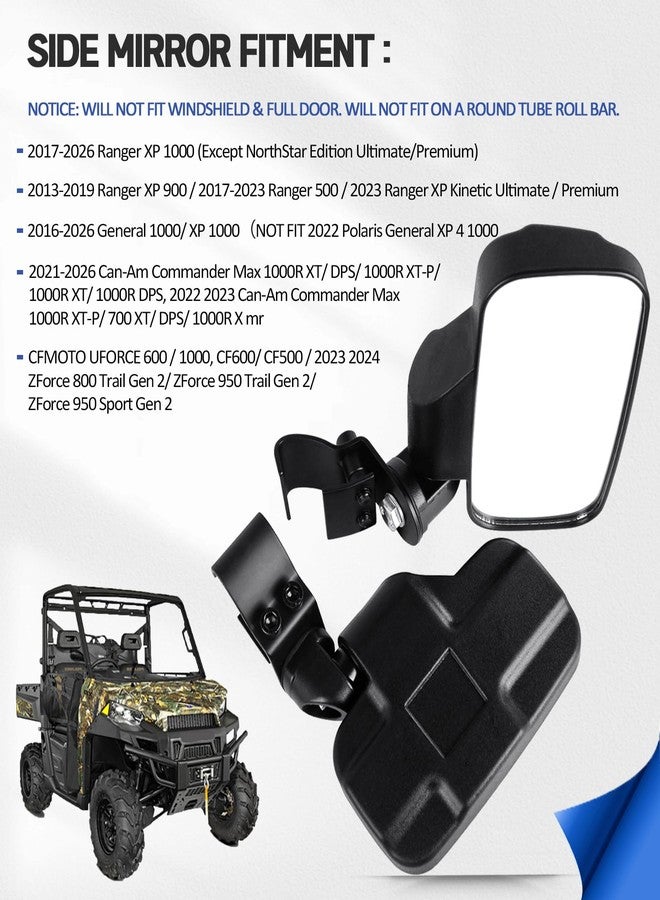UNIGT مرايا الرؤية الجانبية الخلفية من UNIGT UTV متوافقة مع موديلات Polaris Ranger 570 900 XP 1000/Can-Am Defender Pro-Fit Cage Breakaway Side Mirrors - (جانب السائق والراكب) - Image 2