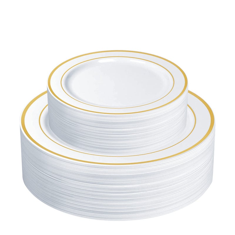 SETUP 60Piece Gold Trim Plastic Dinnerware Set  30 1025 Dinner  30 75 Salad Plates  HeavyDuty Disposable for Weddings Catering Parties