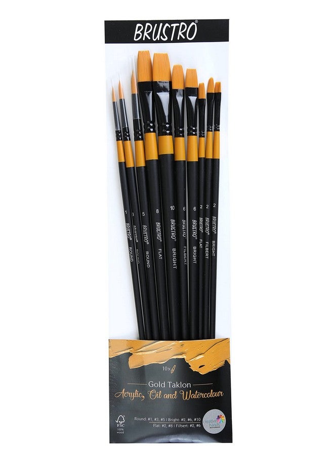 Brustro Artists Gold Taklon Brushes Set of 10| Ideal for Acrylics, Oil Paintings, Watercolour | Long Handle, Bright, Filbert, Flat, Round, Professional Art, School, Office Use. - Image 1