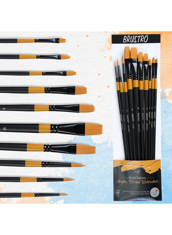 Brustro Artists Gold Taklon Brushes Set of 10| Ideal for Acrylics, Oil Paintings, Watercolour | Long Handle, Bright, Filbert, Flat, Round, Professional Art, School, Office Use. - Image 4