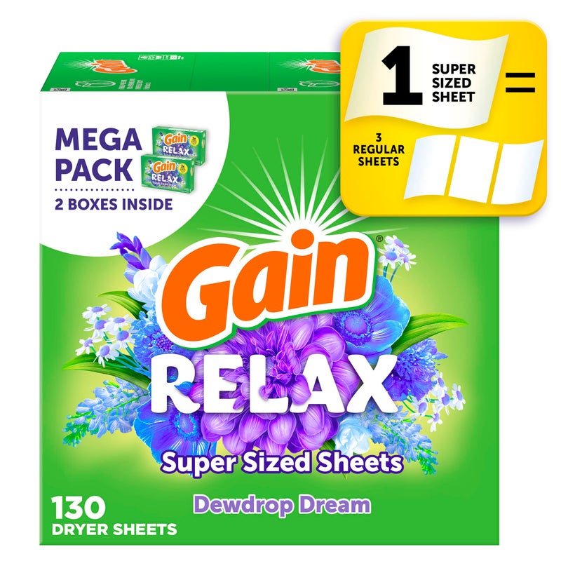 Gain Super Sized Dryer Sheets Laundry Fabric Softener Relax 130 Count