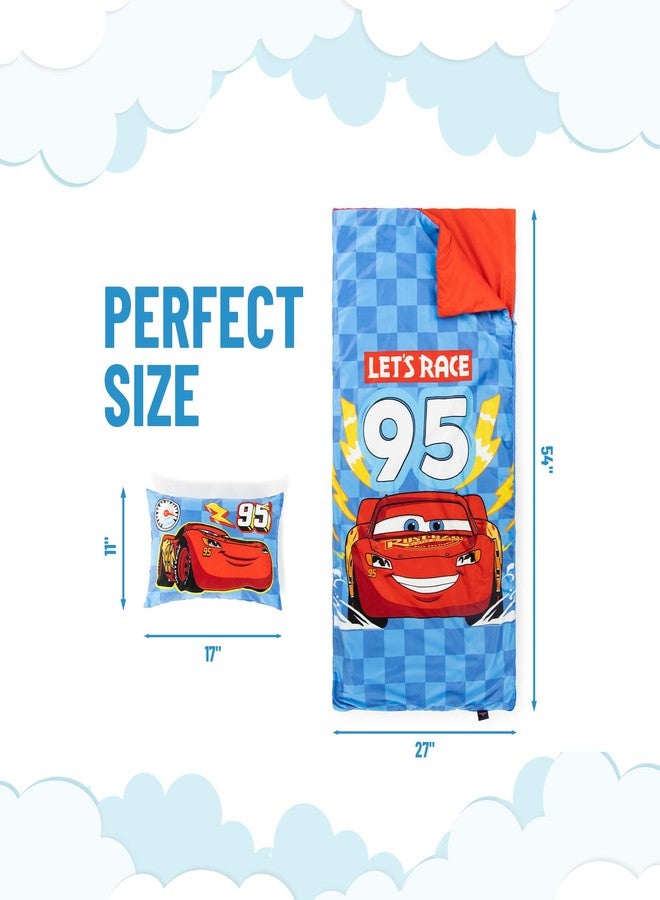 Jay Franco Kids Slumber Bag and Pillow - 54 x 27 Inch Comfy Indoor Sleeping Bag for School and Sleepovers, 2 Piece Set, Blue - Cars - Image 2