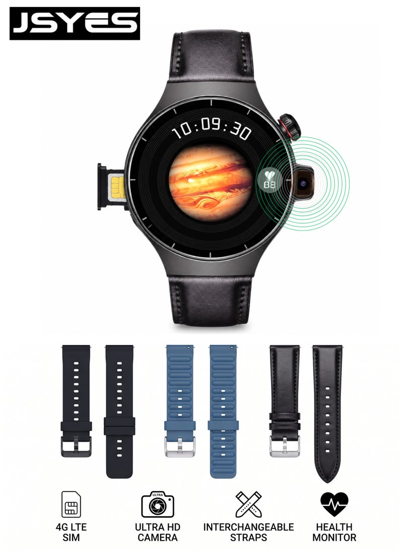 JSYES M7 Pro 4G SIM Smartwatch with HD Camera | Super AMOLED Screen, BT Calling, 10+ Sports Modes & Health Monitor (Includes 3 Straps: Leather & Silicone) - Image 1