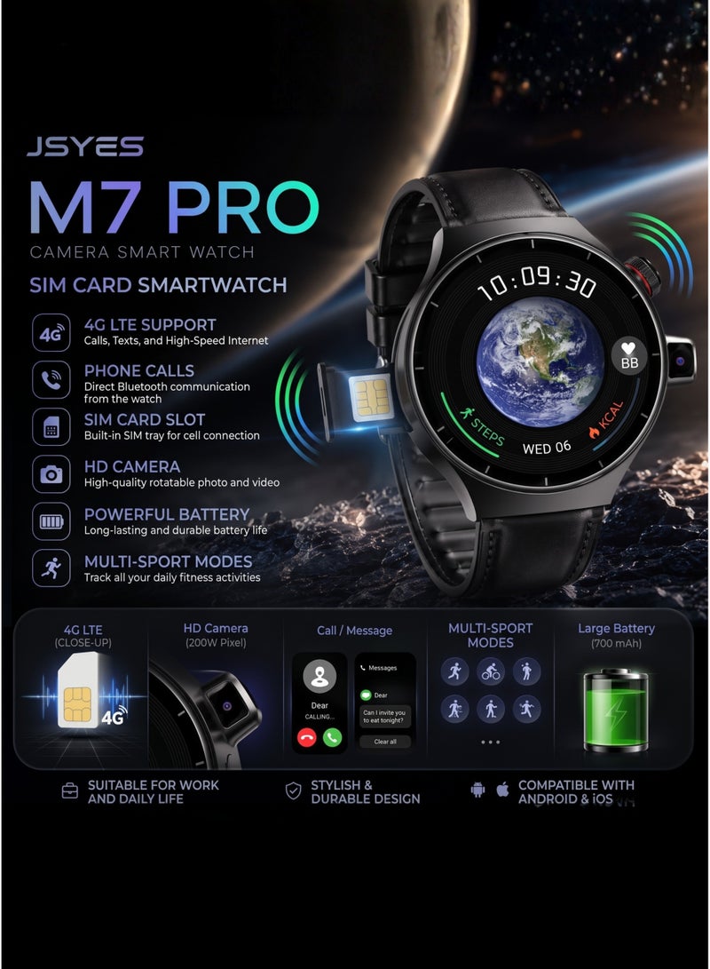 JSYES M7 Pro 4G SIM Smartwatch with HD Camera | Super AMOLED Screen, BT Calling, 10+ Sports Modes & Health Monitor (Includes 3 Straps: Leather & Silicone) - Image 4
