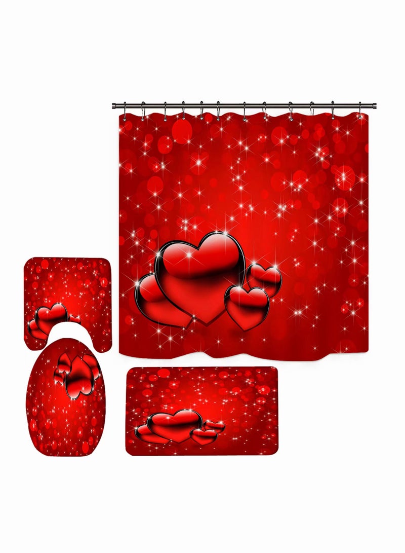 4-Pieces/Set Bathroom Household Supplies,Love Heart Pattern Bathroom Suit,Shower Curtain/Pedestal Rug/Toilet Lid Cover/Bath Mat Decor Set - Image 1