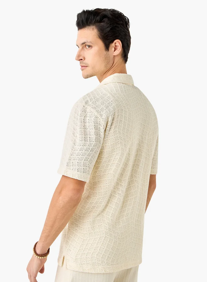 Iconic Iconic Textured Camp Collar Shirt with Short Sleeves