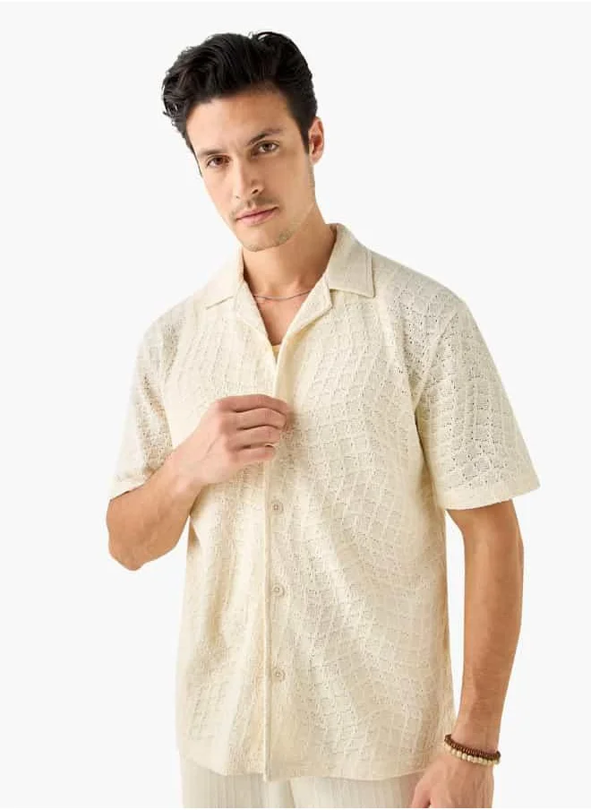 ايكونيك Iconic Textured Camp Collar Shirt with Short Sleeves