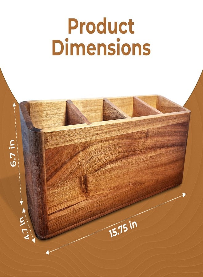 Dstuff Large Kitchen Utensil Holder Organizer for Counter or Countertop, Large Wooden Utensil Holder for Storage Cooking and Silverware, Acacia Rustic Wood Container Large (Acacia 4 Compartments) - Image 2
