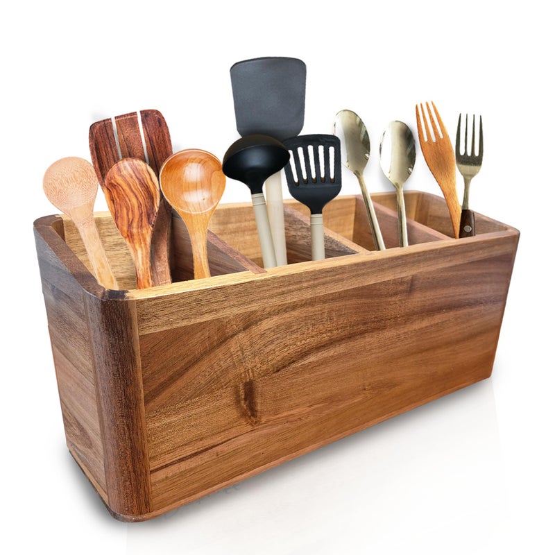Dstuff Large Kitchen Utensil Holder Organizer for Counter or Countertop, Large Wooden Utensil Holder for Storage Cooking and Silverware, Acacia Rustic Wood Container Large (Acacia 4 Compartments) - Image 1