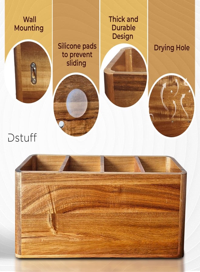 Dstuff Large Kitchen Utensil Holder Organizer for Counter or Countertop, Large Wooden Utensil Holder for Storage Cooking and Silverware, Acacia Rustic Wood Container Large (Acacia 4 Compartments) - Image 3