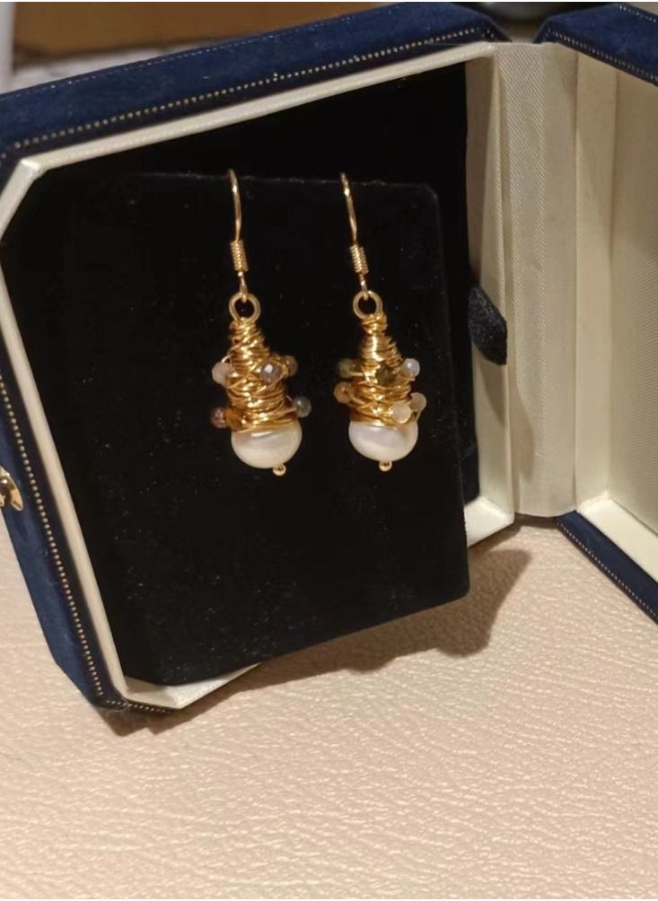 General Gold and Copper Wire Hand Wound Gemstones and Natural Baroque Pearl Designer Luxury Earrings/Earrings  - Image 1