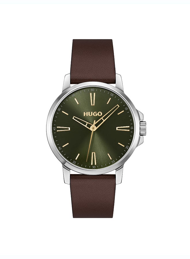 HUGO #SMOOTH Men's Quartz Watch with Olive Green Dial and Brown Leather Strap - 1530418