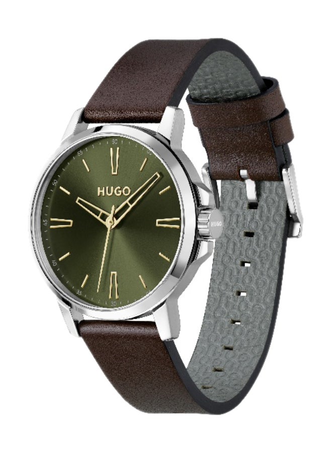 HUGO #SMOOTH Men's Quartz Watch with Olive Green Dial and Brown Leather Strap - 1530418 - Image 1