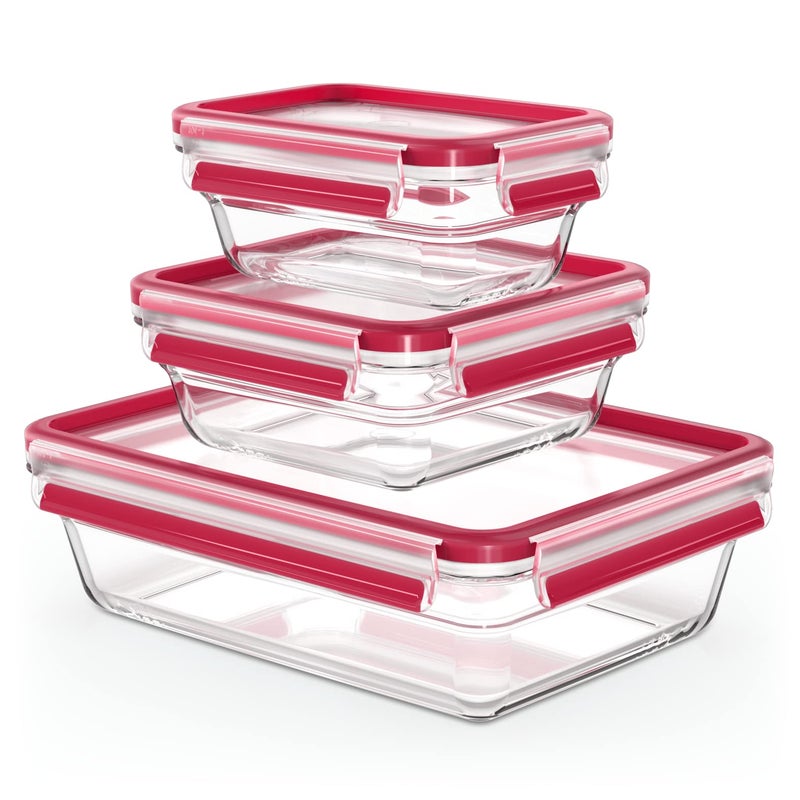 Emsa Clip  Close Glass Food Storage Containers Set Rectangular 045 and 08 and 2 L 100 LeakProof Glass Containers Dishwasher Freezer Oven Microwave Safe Red Transparent N10509