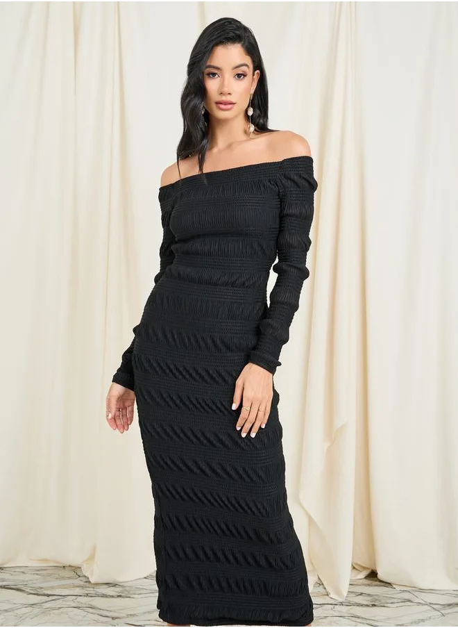 Styli Shirred Texture Off Shoulder Bodycon Maxi Dress