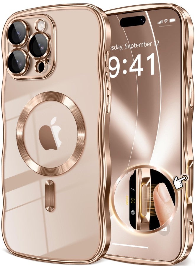 GVIEWIN for iPhone 16 Pro Max Case Compatible with MagSafe, Upgraded [Full Camera Protection][Cute Wave Frame][Military Grade Protection] Electroplated Soft Phone Cover for Women Girl, Clear/Rose Gold - Image 1