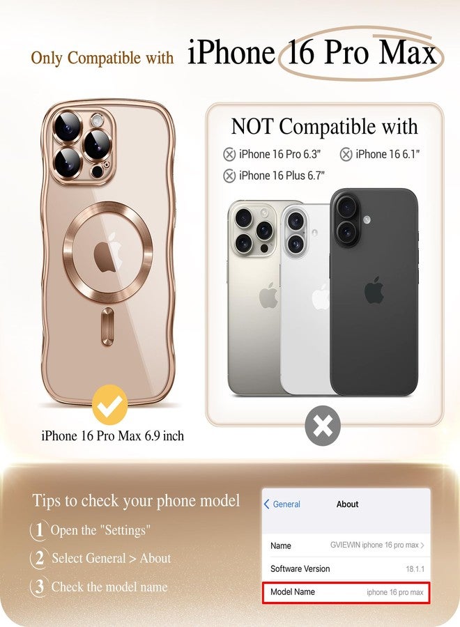 GVIEWIN for iPhone 16 Pro Max Case Compatible with MagSafe, Upgraded [Full Camera Protection][Cute Wave Frame][Military Grade Protection] Electroplated Soft Phone Cover for Women Girl, Clear/Rose Gold - Image 2