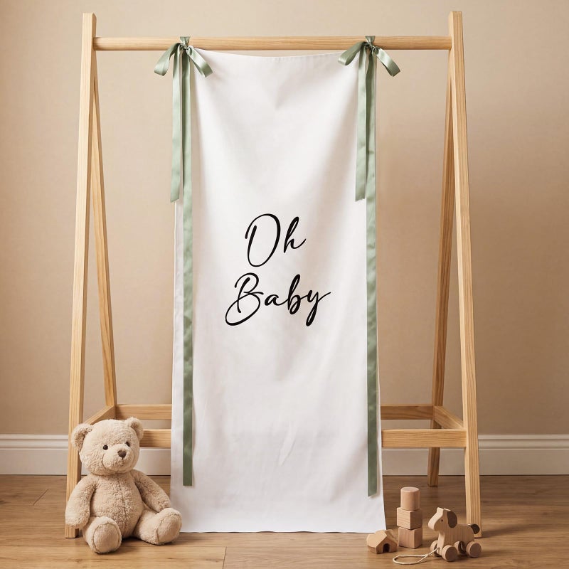 Oudain 5 x 2 ft Baby Shower Backdrop Banner with Sage Green Bow Baby Shower Party Decorations Backdrop Fabric Birthday Party Decorations Photo Props for Indoor Outdoor Yard Wall Decor - Image 1