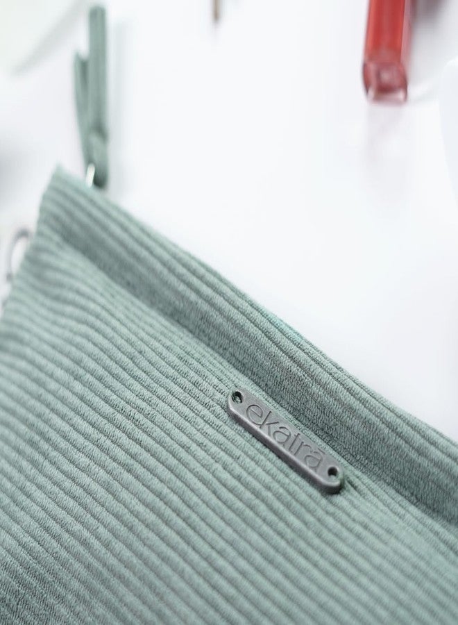 Ekatra Corduroy Small Pouch | Sage Cotton Travel Pouch for Women | Multipurpose Makeup Bag with Big Pocket | Handcrafted Cosmetic Organizer | Lightweight & Durable - Image 3