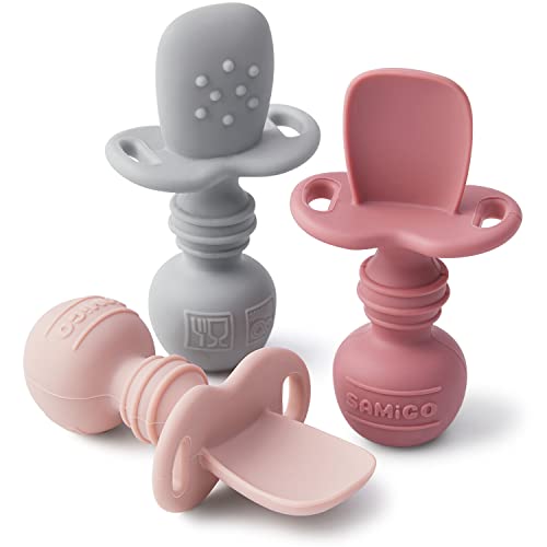 SAMiGO Silicone Baby Spoons Self Feeding 6 Months Infant Toddler Utensils First Stage Baby Led Weaning Feeding Supplies Set of 3 Pack