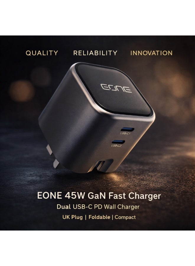 EONE 45W GaN Fast Charger UK Plug, Dual USB-C PD Wall Charger, Foldable Compact Travel Adapter for iPhone 15/14/13, Samsung Galaxy, iPad Pro, Tablets & USB-C Devices - Image 5