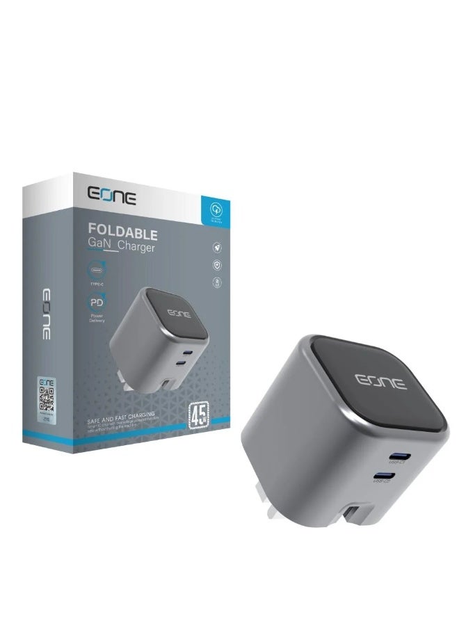 EONE 45W GaN Fast Charger UK Plug, Dual USB-C PD Wall Charger, Foldable Compact Travel Adapter for iPhone 15/14/13, Samsung Galaxy, iPad Pro, Tablets & USB-C Devices - Image 2
