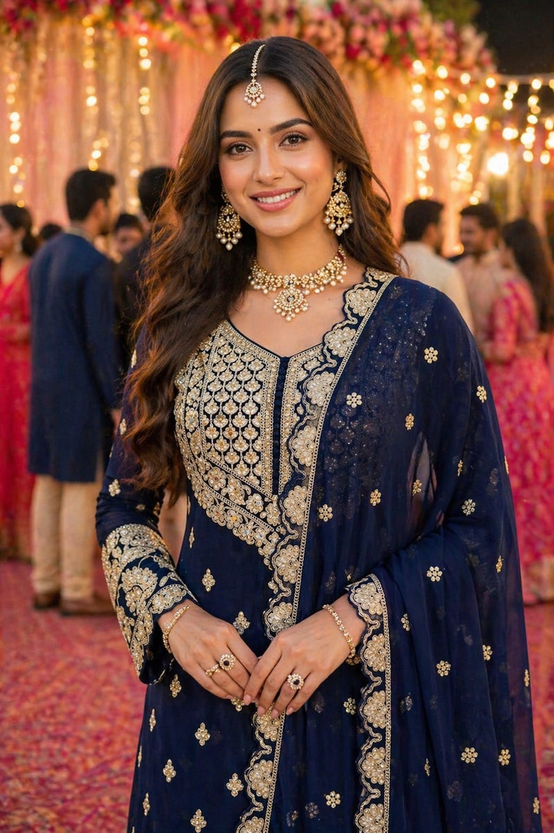 ANAITA Navy Georgette Free Size Suit with Embroidery & Diamond Work - Image 2