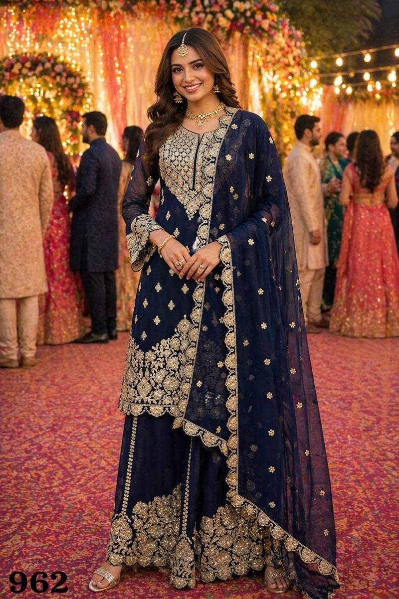 ANAITA Navy Georgette Free Size Suit with Embroidery & Diamond Work - Image 1