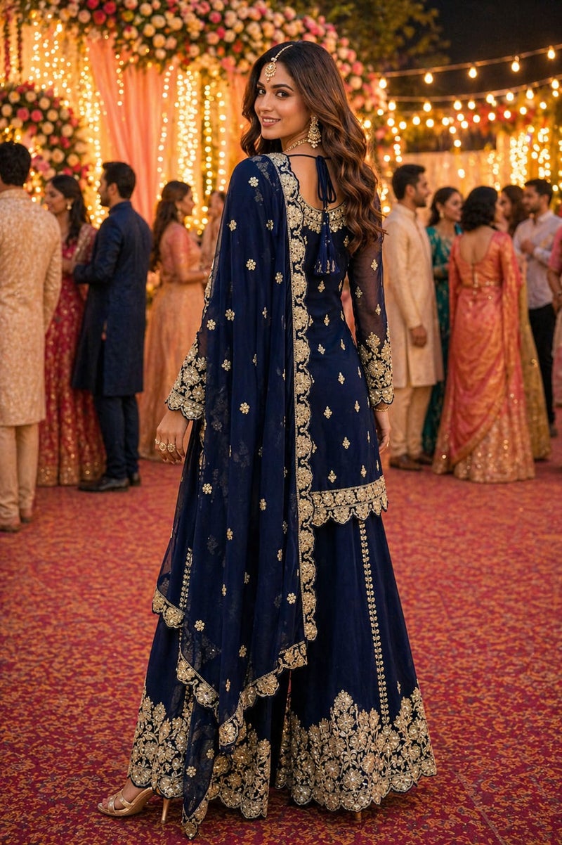 ANAITA Navy Georgette Free Size Suit with Embroidery & Diamond Work - Image 4