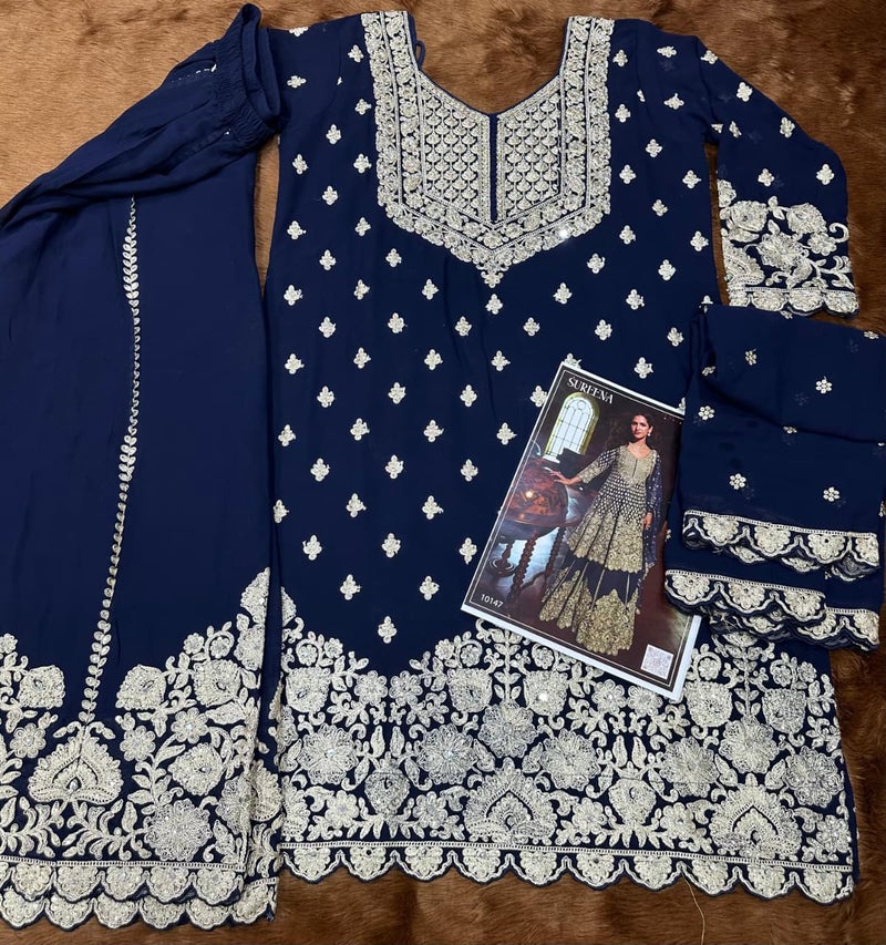 ANAITA Navy Georgette Free Size Suit with Embroidery & Diamond Work - Image 3