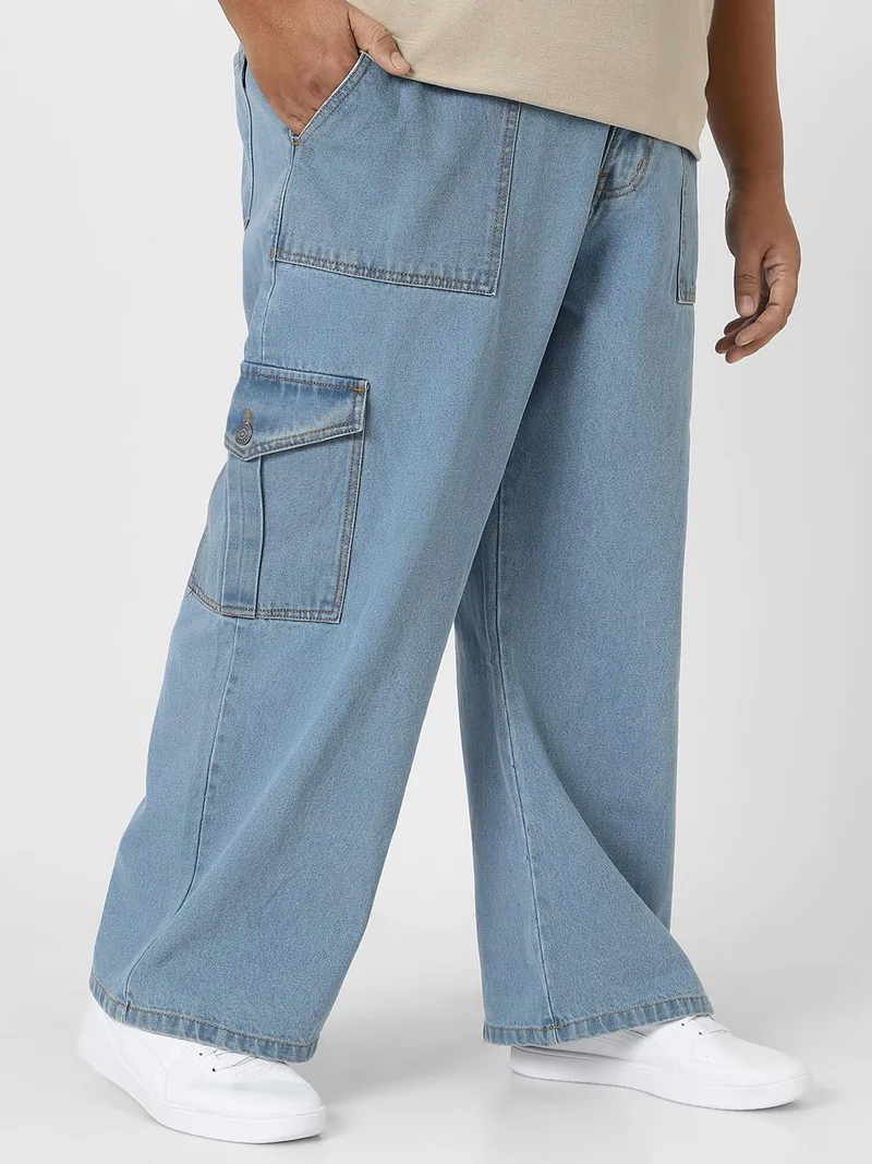 Urbano Fashion  Urbano Plus Men's Ice Blue Loose Fit Cargo Jeans with 6 Pockets Non-Stretchable  | Best Price UAE