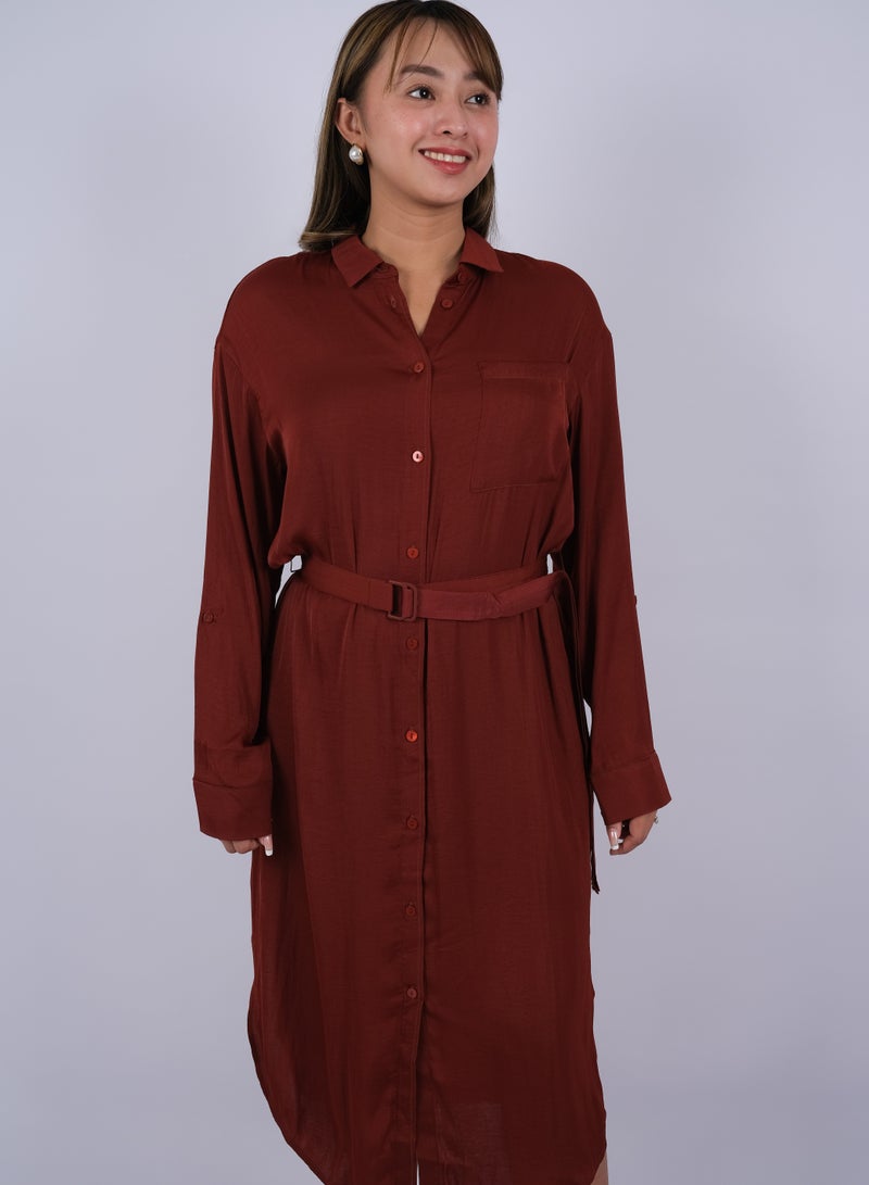 ONLY Women’s Single Breast Pocket Button Down Dress in Russet Brown  - Image 1
