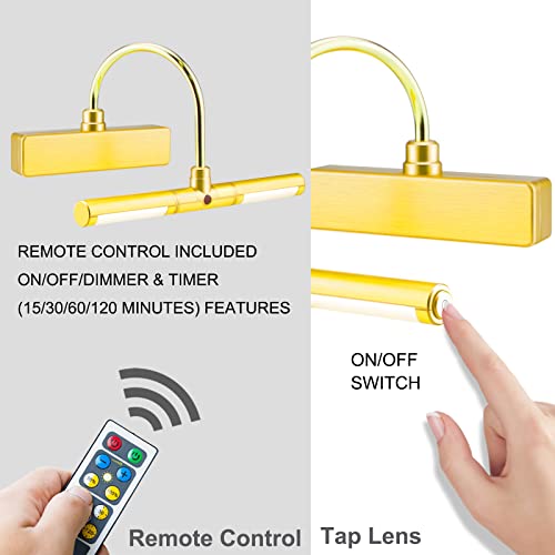 BIGLIGHT Wireless Battery Operated LED Picture Light with Remote, Rotatable Light Heads of 3 Lighting Modes, Dimmable Display Lamp with Timer for Painting Photo Portrait Art, 8.8", Gold - Image 2