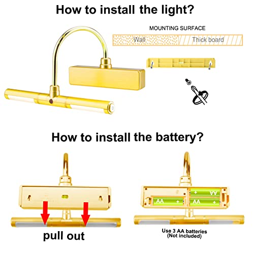BIGLIGHT Wireless Battery Operated LED Picture Light with Remote, Rotatable Light Heads of 3 Lighting Modes, Dimmable Display Lamp with Timer for Painting Photo Portrait Art, 8.8", Gold - Image 5