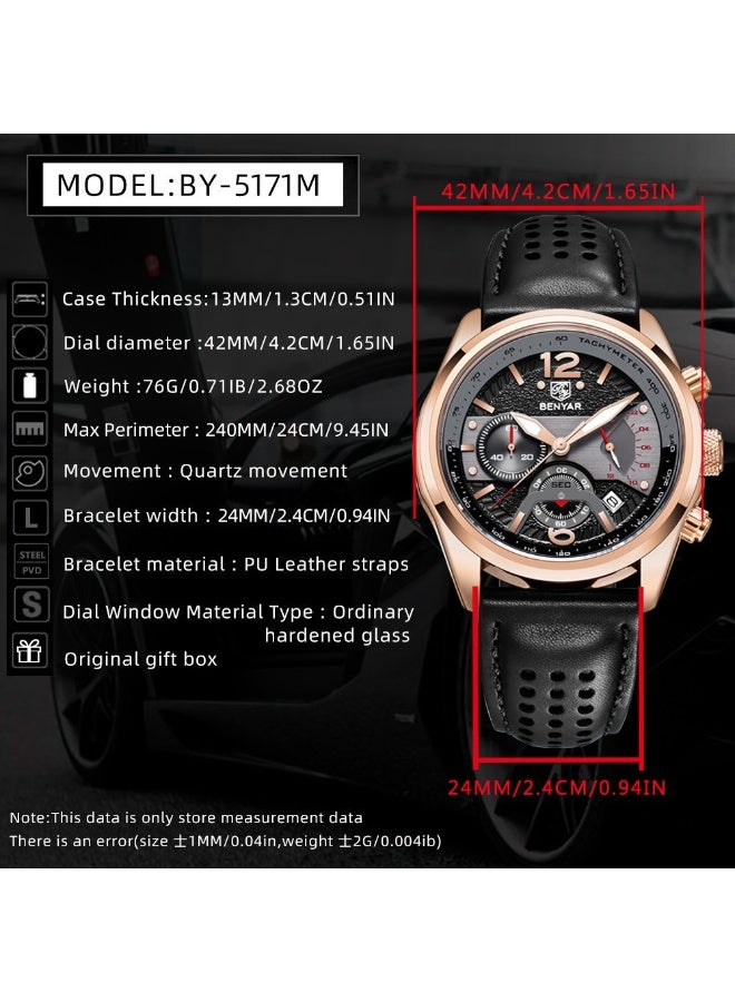 BENYAR Watches for Men Luxury Quartz Water Resistant Watch Men's Chronograph Genuine Leather Strap 5171 Black - Image 5