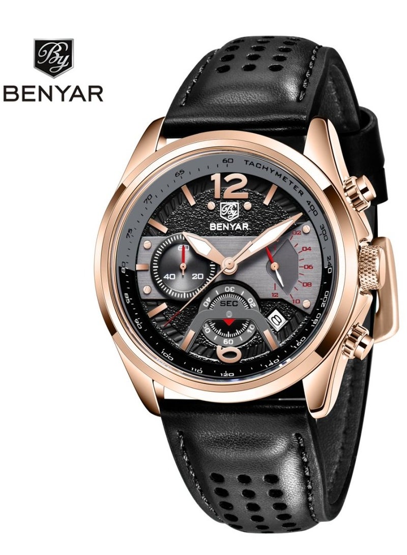 BENYAR Watches for Men Luxury Quartz Water Resistant Watch Men's Chronograph Genuine Leather Strap 5171 Black - Image 1