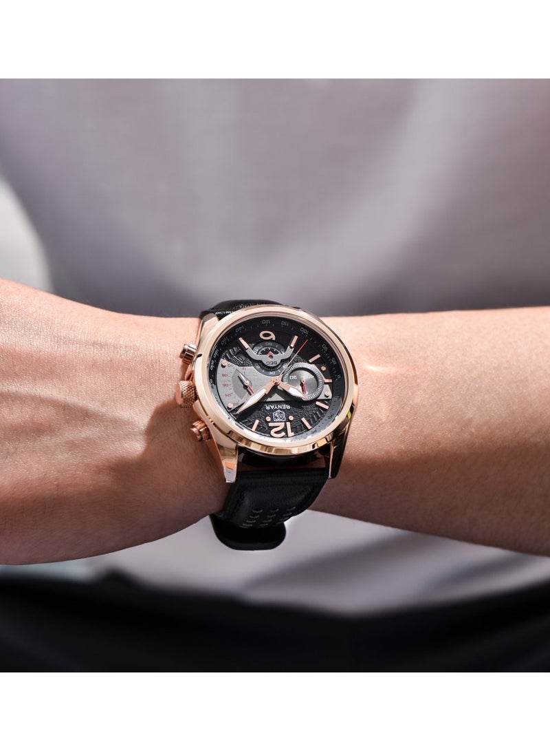 BENYAR Watches for Men Luxury Quartz Water Resistant Watch Men's Chronograph Genuine Leather Strap 5171 Black - Image 2