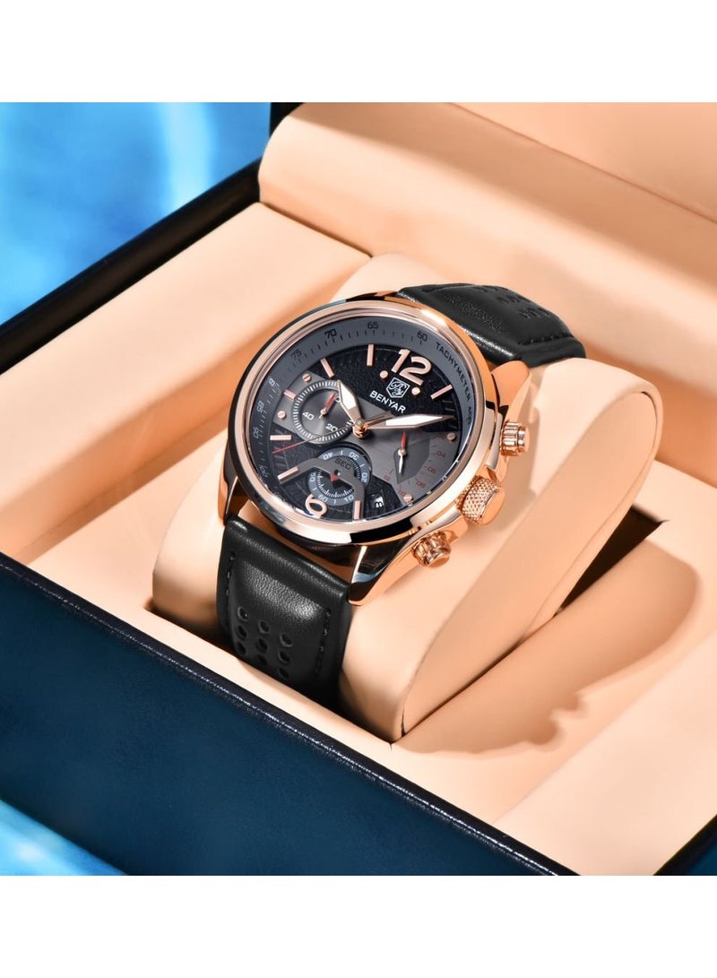 BENYAR Watches for Men Luxury Quartz Water Resistant Watch Men's Chronograph Genuine Leather Strap 5171 Black - Image 3