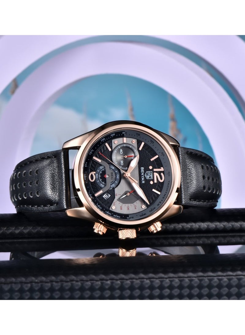 BENYAR Watches for Men Luxury Quartz Water Resistant Watch Men's Chronograph Genuine Leather Strap 5171 Black - Image 4